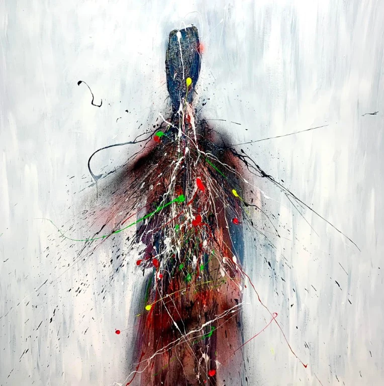 An elongated figure in white, black and bright colour