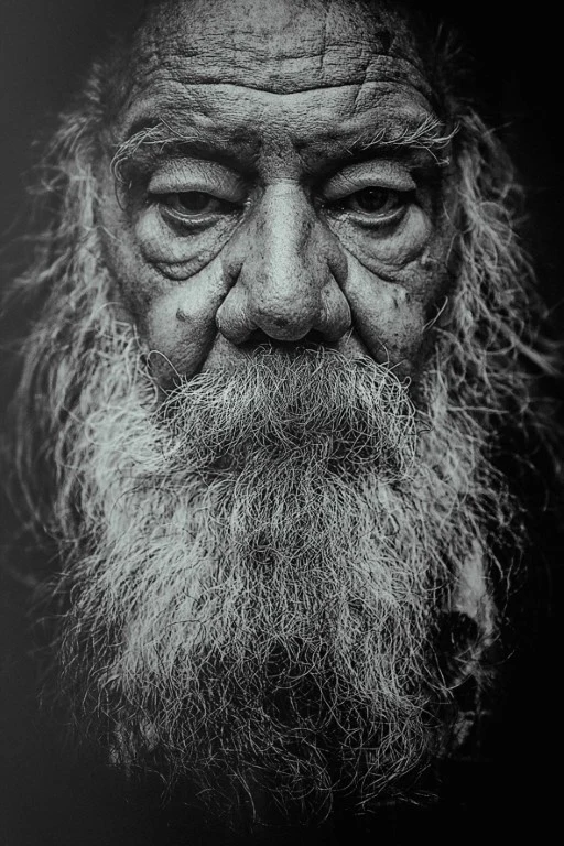 Black and white close-up portrait of a bearded man